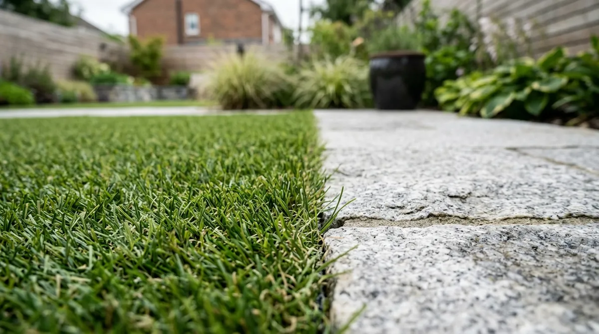 Close up showing high quality artificial grass meeting a granite patio border