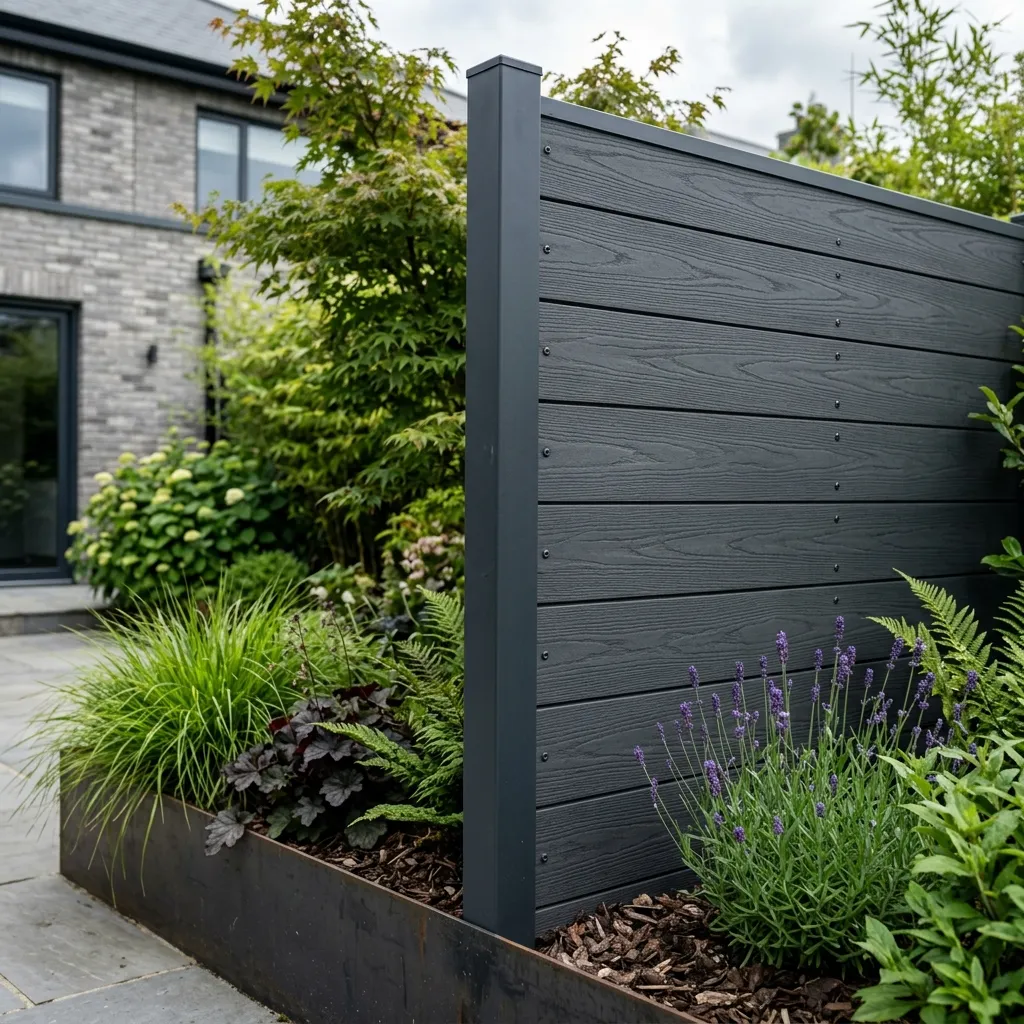 Close up showing sleek dark grey composite fencing panels in a modern garden