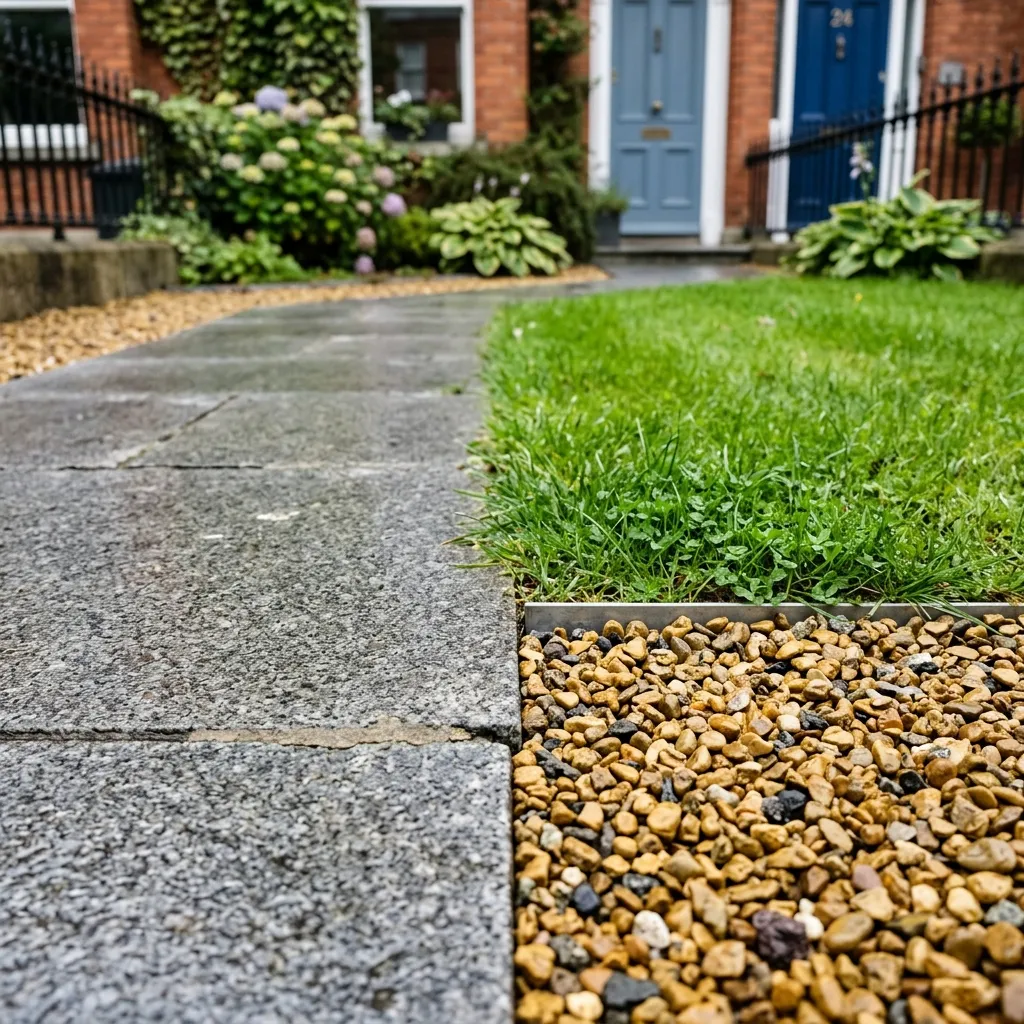 Close up showing smooth granite paving slabs meeting decorative golden gravel