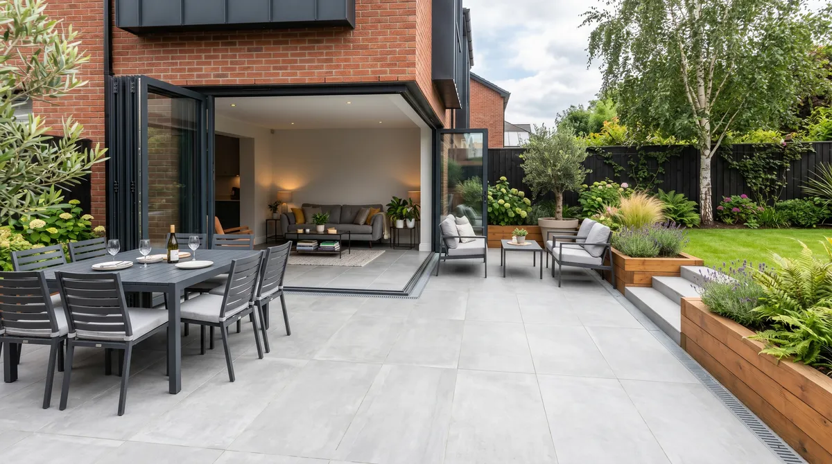 Modern grey porcelain patio in a contemporary Dublin garden matching indoor flooring