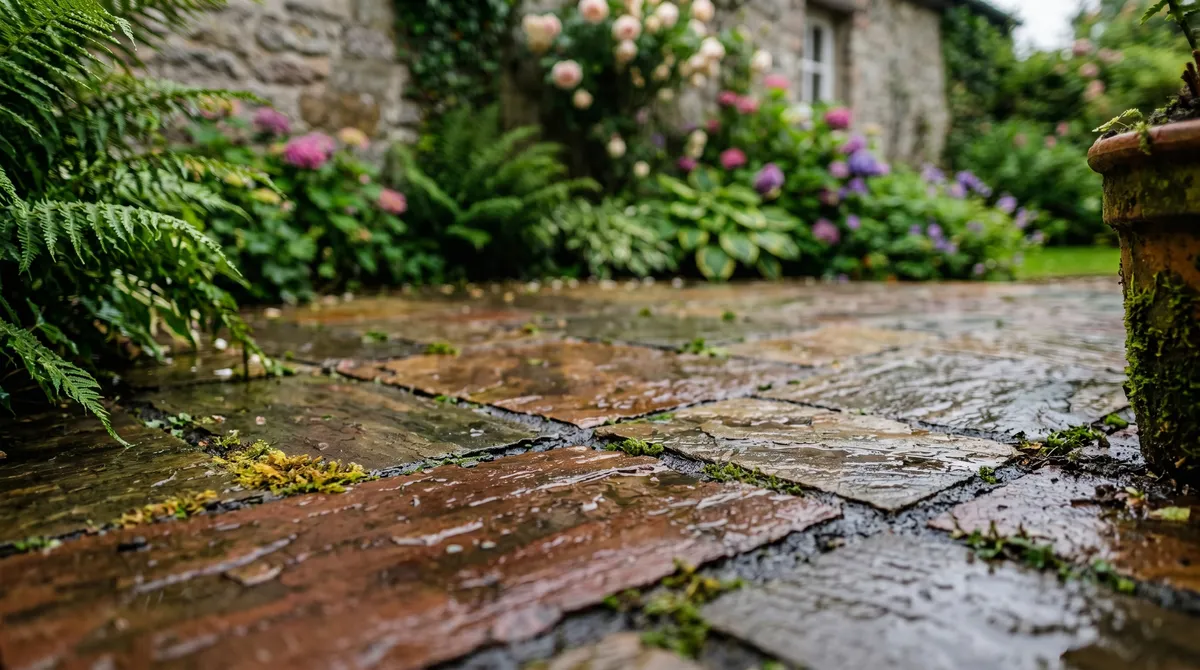 Close-up of a beautifully laid natural Indian sandstone patio in an authentic Irish garden